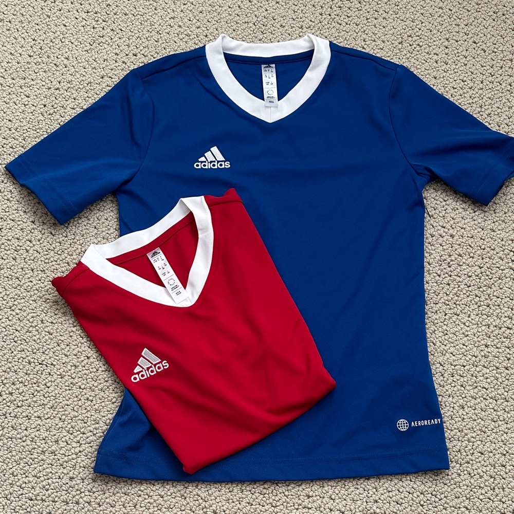 Adidas Kids' Blue and Red V-Neck Soccer Jerseys